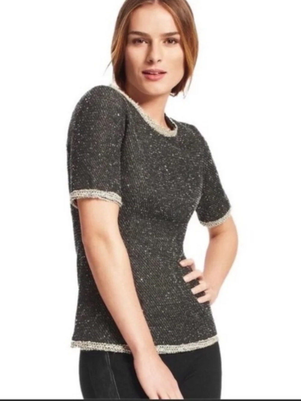 CAbi Coco Shell Tweed Short-Sleeve Sweater Top in Black and Gray